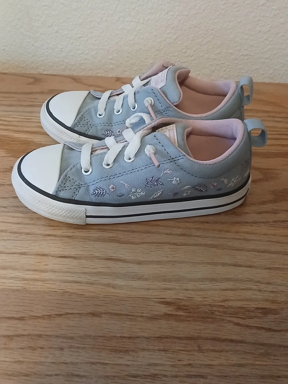 Converse Kids Blue Canvas Sneakers with Pink Lining and Floral Embroidery